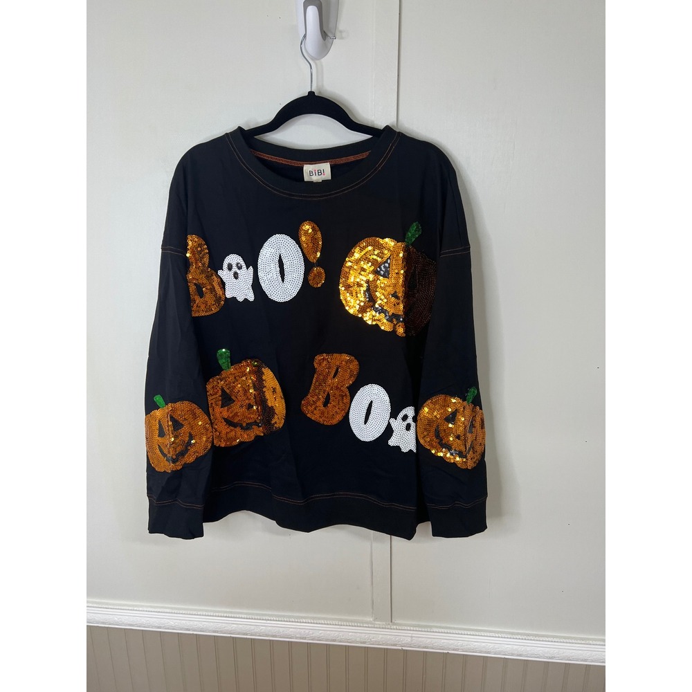 BIBI Womens Halloween Sequin Boo Pumpkin Ghost Sweatshirt Black Large New - Picture 10 of 13